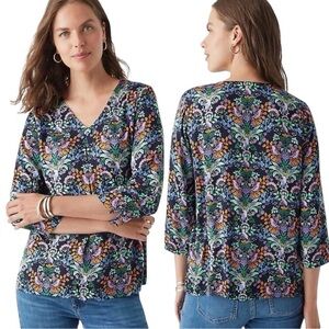J. Jill Delightful Garden Navy Floral V-Neck Blouse Top 3/4 Sleeves Front Pleat